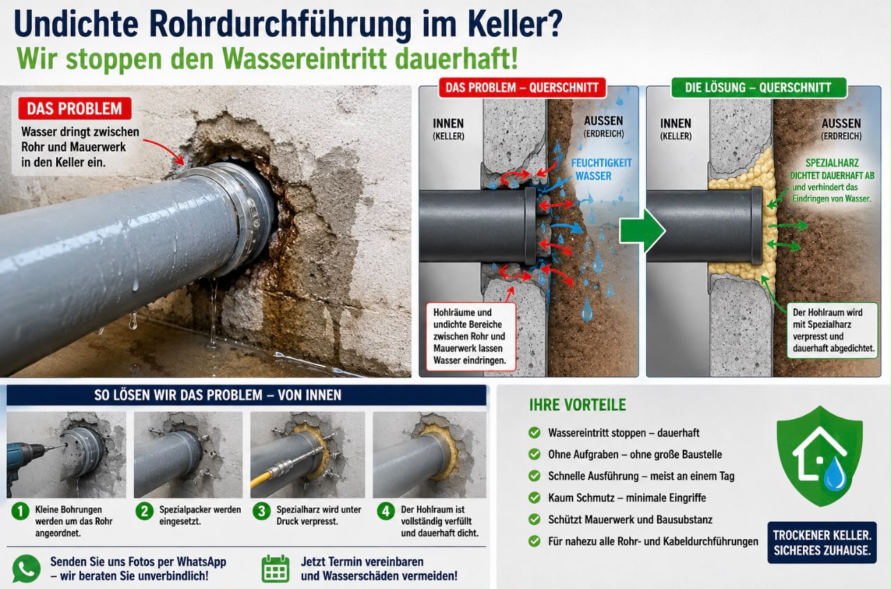 Infografik: undichte Hauseinführung im Querschnitt und Abdichtung per Injektionsverfahren