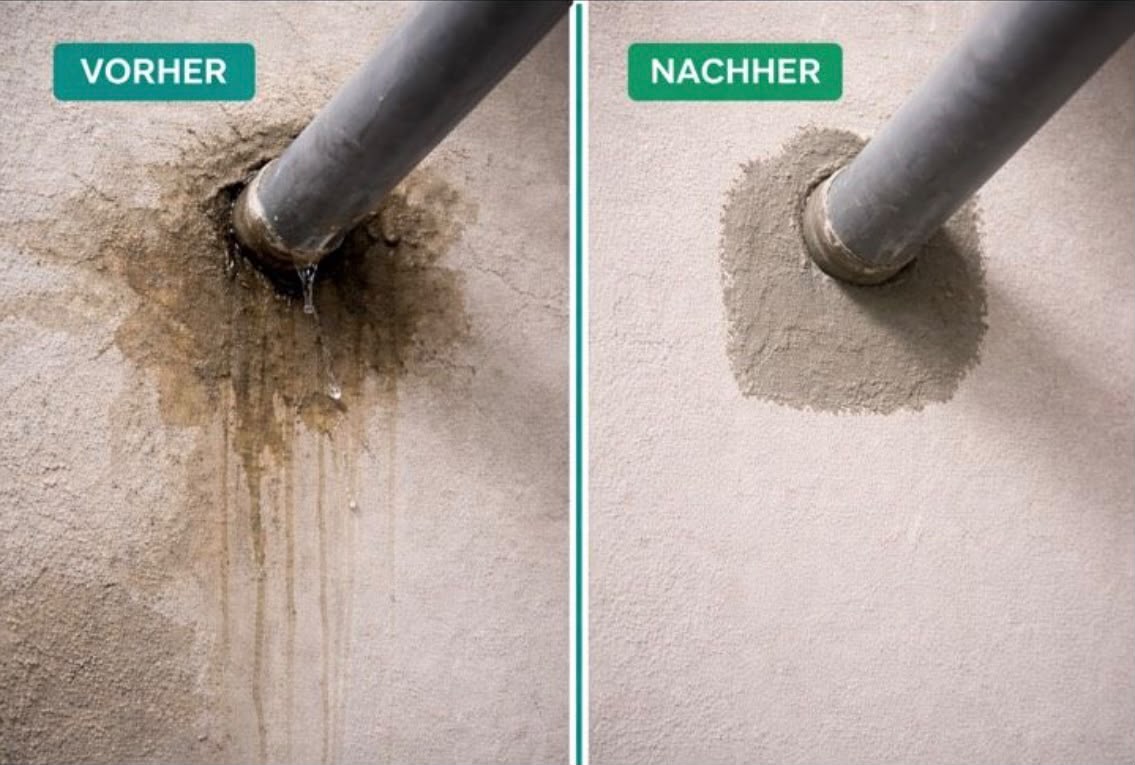 Hauseinführung im Keller vorher feucht mit Wasserspuren, nachher trocken und dauerhaft abgedichtet